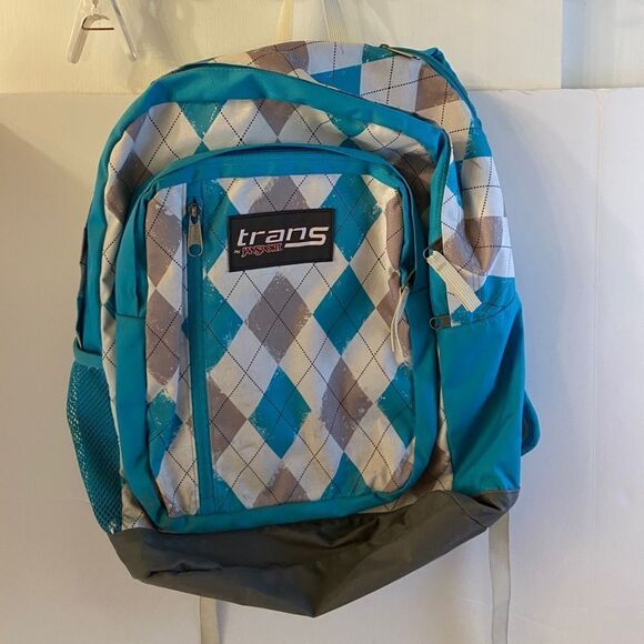 Jansport large trans gray teal checkered 3 zippers - Picture 1 of 11